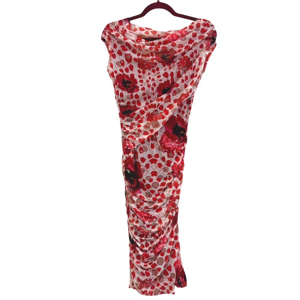 FUZZI Red Floral Made In Italy Mesh Maxi Bodycon Dress Size M